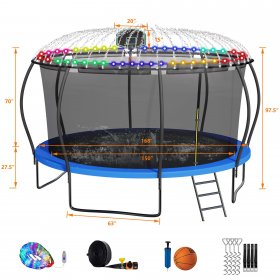 DreamBuck 14FT Pumpkin Shape Trampoline Sprinkler, Light Included 1200LBS Trampoline with Enclosure, Basketball Hoop, ASTM Approval, Outdoor Trampoline for Kids Adults Family Happy Time, Blue