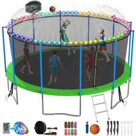 YORIN Trampoline 16FT with Enclosure for Adults/Kids/Family, 1500LBS Outdoor Trampoline with Basketball Hoop, Recreational Heavy Duty Backyard Trampoline with Sprinkler, Lights, Wind Stake, Sock, Ball