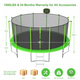 DreamBuck Trampoline 16FT Trampoline for Adults Kids, 1500LBS No Gap Design ASTM Approved, Backyard Trampoline with Basketball Hoop, Enclosure, Sprinkler, Light, 4 Stake Anchors, Green