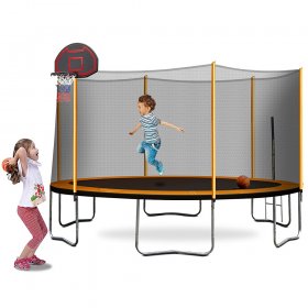 14-Foot Kids Trampoline, Outdoor Round Trampoline with Safety Enclosure Net, Basketball Hoop, Circular Trampolines for Adults, Family Jumping and Ladder, Kids Basketball Trampoline, Q11367