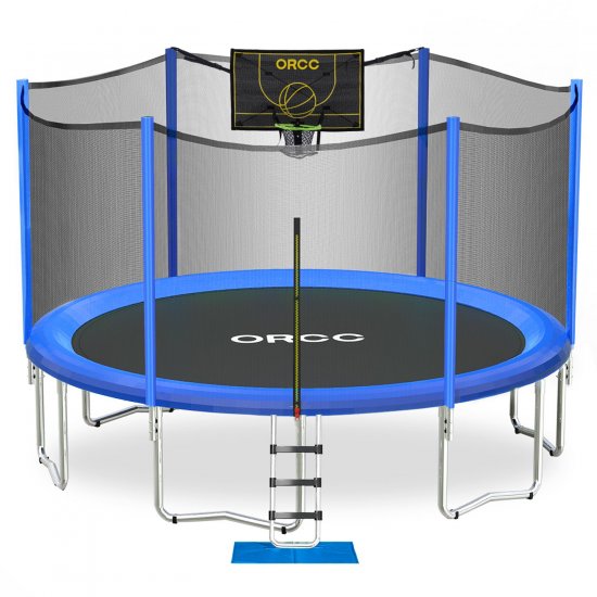 ORCC Basketball Trampoline 15 14 12FT Kids Trampoline Weight Capacity 450LBS with Safety Net Wind Stakes Rain Cover Ladder, Basketball Hoop