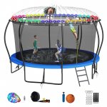 DreamBuck 14FT Pumpkin Shape Trampoline Sprinkler, Light Included 1200LBS Trampoline with Enclosure, Basketball Hoop, ASTM Approval, Outdoor Trampoline for Kids Adults Family Happy Time, Blue
