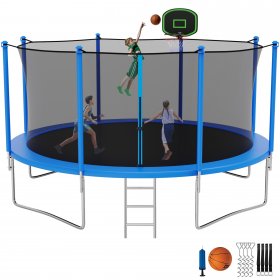 Jump Into Fun Trampoline, 12FT Trampoline for Adults/5-7 Kids, 1200LBS Trampoline with Enclosure, Basketball Hoop, Wind Stakes and Ladder, Outdoor Recreational Trampoline ASTM CPC CPSIA