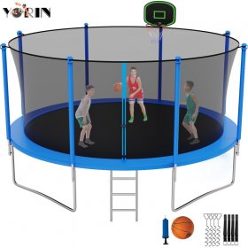 YORIN Trampoline with Basketball Hoop, Enclosure Net, 14FT 12FT 16FT 15FT Trampoline for Adults Kids, Outdoor Recreational Trampoline with Anchors Kit, Ladder, Heavy-Duty Round Combo Large Trampoline