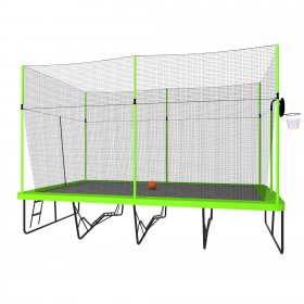10Ftx17Ft Kids Trampoline, Square Recreational Bouncer Trampolines with Powder-coated Galvanized Steel Tubes and Basketball Hoop, Sport Exercise Trampoline with Ladder for Outdoor Indoor, Green