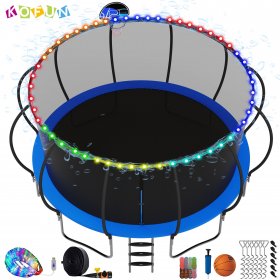 KOFUN Trampoline 12FT 14FT 15FT 16FT for Adults and Kids [ASTM CPC Approved], 1500LBS Family Backyard Trampoline with Enclosure, Light, Sprinkler, 8 Socks, Basketball Hoop, 6 Wind Stakes, Ladder