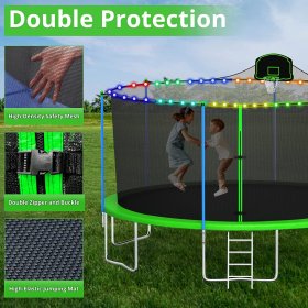 Jump Into Fun 16FT Trampoline with Enclosure Net for Kids/Adults, 1200LBS Outdoor Trampoline with Basketball Hoop, Lights and Non-Slip Socks, Capacity 10 Kids Recreational Trampoline ASTM CPC CPSIA