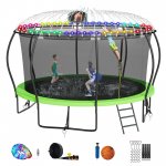DreamBuck 14FT Pumpkin Shape Trampoline Sprinkler, Light Included 1200LBS Trampoline with Enclosure, Basketball Hoop, ASTM Approval, Outdoor Trampoline for Kids Adults Family Happy Time, Green