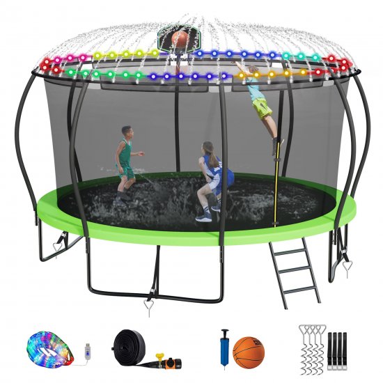 DreamBuck 14FT Pumpkin Shape Trampoline Sprinkler, Light Included 1200LBS Trampoline with Enclosure, Basketball Hoop, ASTM Approval, Outdoor Trampoline for Kids Adults Family Happy Time, Green