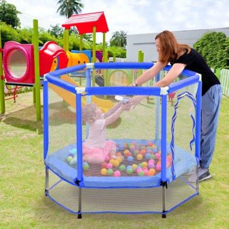 KOFUN 55 Trampoline for Kids, Toddlers Trampoline with Enclosure Net and Balls, Mini Trampoline, Indoor & Outdoor Trampoline, Gifts for Kids, Baby Toddler Trampoline Toys, Blue