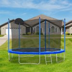 Safe Outdoor Trampoline for Kids, 12 FT Tranpoline with Basketball Hoop, Enclosure Net and Ladder, Outdoor Recreational Tranpolines for Family, Blue