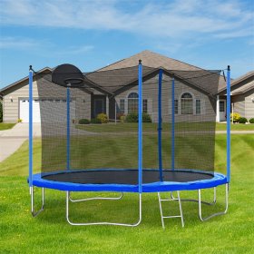 Safe Outdoor Trampoline for Kids, 12 FT Tranpoline with Basketball Hoop, Enclosure Net and Ladder, Outdoor Recreational Tranpolines for Family, Blue