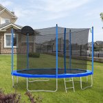 Safe Outdoor Trampoline for Kids, 12 FT Tranpoline with Basketball Hoop, Enclosure Net and Ladder, Outdoor Recreational Tranpolines for Family, Blue