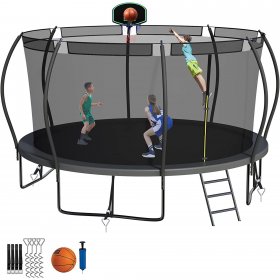 DreamBuck 14FT Pumpkin Shape Trampoline, 1200LBS Trampoline with Enclosure, Basketball Hoop, ASTM Approval, Recreational Outdoor Trampoline for Kids Adults Family Happy Time, Black