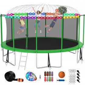 Jump Into Fun 1500LBS 16 FT Trampoline with Enclosure, Basketball Hoop, Light, Sprinkler, Socks, Anchors, Trampoline for Adults /10 Kids, Outdoor Heavy Duty Recreational Trampoline ASTM CPC CPSIA