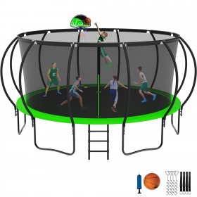 Jump Into Fun Trampoline with Enclosure, 16FT 1500LBS Trampoline for Kids/Adults with Basketball Hoop, Wind Stakes, Ladder, Outdoor Recreational Green Trampoline Capacity 10 Kids, ASTM CPC CPSIA