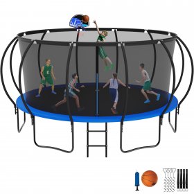 Jump Into Fun Trampoline with Enclosure, 15FT 1500LBS Trampoline for Kids/Adults with Basketball Hoop, Wind Stakes, Ladder, Outdoor Recreational Blue Trampoline Capacity 8-9 Kids, ASTM CPC CPSIA