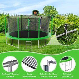 DreamBuck Trampoline 1400LBS 14FT Trampoline for 7-8 Kids, Adults Trampoline with Enclosure Net, Basketball Hoop and Ladder, Wind Stake, Heavy Duty Easy Assembly Recreational Trampoline, ASTM Approved