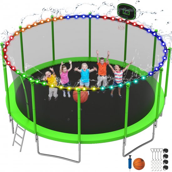 DreamBuck 1500LBS Trampoline for Adults and Kids, 12FT 14FT 15FT 16FT Trampoline with Enclosure, Ladder, Backyard Trampoline with Basketball Hoop and 4 Stake Anchors Sprinkler, Light Included