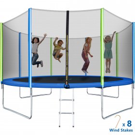Jump Into Fun Trampoline 14FT 1000LBS Capacity 6-7 Kids, Exercise Trampoline for Kids/Adult with Enclosure Net, Wind Stakes and Inclined Ladder, Outdoor Backyard Trampolines ASTM Approved