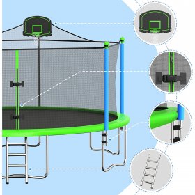 KOFUN 1000 LBS 16FT Trampoline for Kids and Adults, Large Outdoor Trampoline with Enclosure, Basketball Hoop, Light, Sprinkler, Socks, and Ladder, Heavy Duty Trampoline Capacity for 8-9 Kids, Green