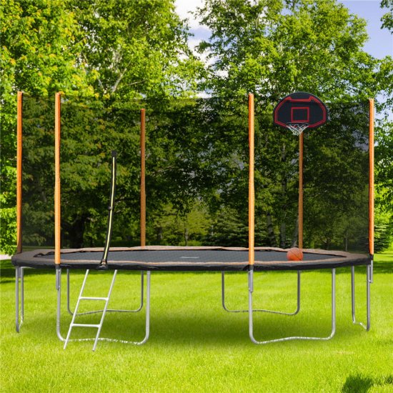 Outdoor Trampoline for Kids, New Upgraded 14\' Outdoor Trampoline with Safety Enclosure Net, Basketball Hoop and Ladder, Heavy-Duty Round Trampoline for Indoor or Outdoor Backyard, Holds 264lbs