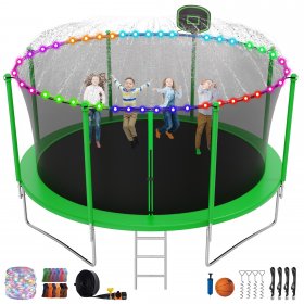 Elitezip Trampolines for Kids Adults, 12 FT 14 FT 16 FT 1500 LBS, No-Gap Design Heavy Duty Outdoor Big Trampolines with Enclosure, Basketeball Hoop, LED Lights, Wind Stakes ASTM CPC CPSIA