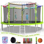 Jump Into Fun 1200LBS 14FT 16FT Trampoline for Adults/7-9 Kids, Outdoor Trampoline with Enclosure, Basketball Hoop, Light, Sprinkler & Socks, No-Gap Design Heavy Duty Outdoor Big Trampoline