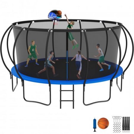 Jump Into Fun Trampoline with Enclosure, 15FT 1500LBS Trampoline for Kids/Adults with Basketball Hoop, Wind Stakes, Ladder, Outdoor Recreational Blue Trampoline Capacity 8-9 Kids, ASTM CPC CPSIA