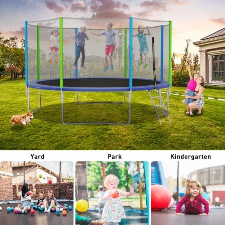 KOFUN 1000LBS 12FT 14FT Trampoline for Adults Capacity for 5-8 Kids, Outdoor Recreational Family Backyard Trampoline with Outer Enclosure Net, Sprinkler, Socks, LED Light, Ladder