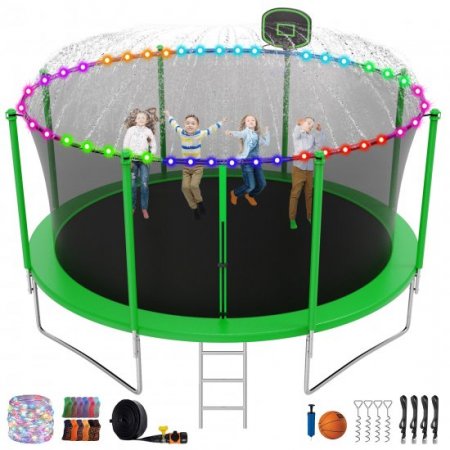 Elitezip Trampolines for Kids Adults, 12 FT 14 FT 16 FT 1500 LBS, No-Gap Design Heavy Duty Outdoor Big Trampolines with Enclosure, Basketeball Hoop, LED Lights, Wind Stakes ASTM CPC CPSIA