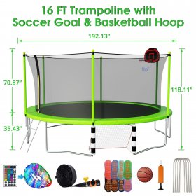 DreamBuck 1200LBS 16 FT Trampoline with Soccer Goal, 4 Anchors Kit, Sprinkler, Light, 8 Socks, Enclosure Net, Basketball Hoop, Trampoline for Kids Adults, Heavy Duty Outdoor Recreational Trampolines