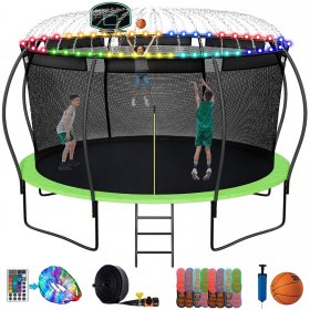 KOFUN Upgraded 14FT 1400lbs Trampoline for Adults, Recreational Trampoline with Basketball Hoop, ASTM Approved Trampoline for 5-6 Kids with Light, Sprinkler, Socks, Wind Stakes, Green