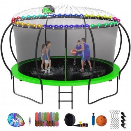 KOFUN Trampoline for Adults Kids, 14FT 1400lbs No Gap Design Outdoor Trampoline with Enclosure, Basketball Hoop, Ladder, Light, Sprinkler, 4 Wind Stakes, 8 Socks & Ladder, Galvanized Anti-Rust Coating