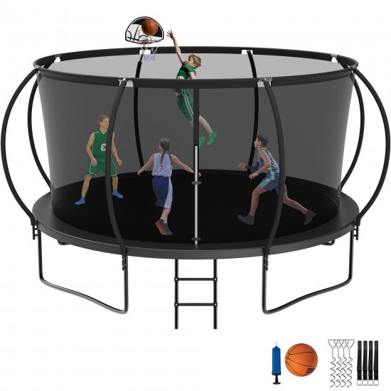 Jump Into Fun Trampoline with Enclosure, 12 14 15 16FT 1400LBS Trampoline for Kids/Adults with Basketball Hoop, Stakes, Ladder, Outdoor Recreational Black Trampoline Capacity 7-8 Kids, ASTM CPC CPSIA