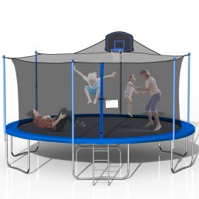 16FT Trampoline with Basketball Hoop and Safety Enclosure Net, Recreational Trampolines with Ladder for Kids Teens Adults Family, 800LBS Weight Capacity, Blue