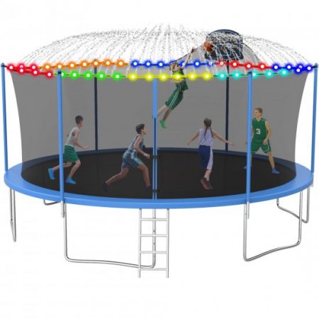 Jump Into Fun 16FT Trampoline with Enclosure Net for Kids/Adults, 1200LBS Outdoor Trampoline with Basketball Hoop, Light, Sprinkler & Socks, Capacity 10 Kids Recreational Trampoline ASTM CPC CPSIA