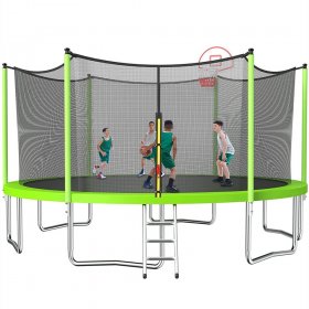 16FT Trampoline with Basketball Hoop, Green Outdoor Trampolines Recreational Kids Trampoline with Enclosure Net Outdoor for 3-5 Kids, L