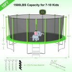 DreamBuck 1500LBS Trampoline for Adults and Kids, 12FT 14FT 15FT 16FT Trampoline with Enclosure, Ladder, Backyard Trampoline with Basketball Hoop and 4 Stake Anchors Sprinkler, Light Included