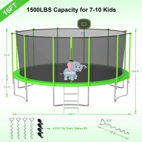 DreamBuck 1500LBS Trampoline for Adults and Kids, 12FT 14FT 15FT 16FT Trampoline with Enclosure, Ladder, Backyard Trampoline with Basketball Hoop and 4 Stake Anchors Sprinkler, Light Included