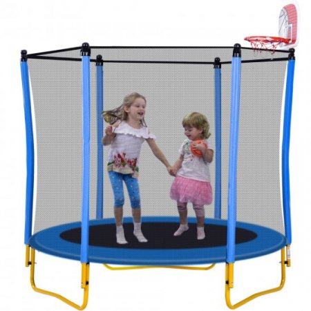 KOFUN 5.5FT Trampoline for Kids with Basketball Hoop, Rubber Ball, and Safety Enclosure Net, 65 Mini Toddler Trampoline for Indoor Outdoor, Birthday Gifts for Kids Ages 1-8, Blue