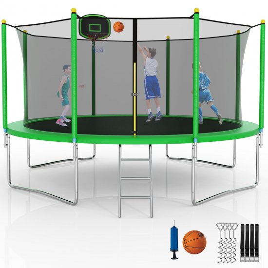 YORIN 1400LBS 14FT Trampoline for Kids Adults, Trampoline with Safety Enclosure Net, Basketball Hoop and Ladder, ASTM & Chemical Test Approved Outdoor Heavy-Duty Trampoline