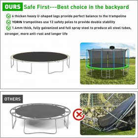 YORIN Trampoline 16FT with Enclosure for Adults/Kids/Family, 1500LBS Outdoor Trampoline with Basketball Hoop, Recreational Heavy Duty Backyard Trampoline with Sprinkler, Lights, Wind Stake, Sock, Ball