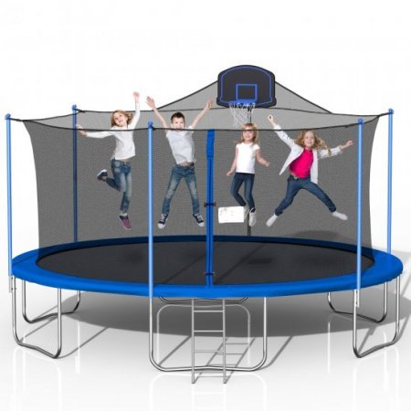 DreamBuck 16FT Trampoline for Adults Kids, 1500LBS No-Gap Design ASTM Approved, Outdoor Backyard Trampoline with Basketball Hoop, Enclosure, for Happy Family Time, Blue