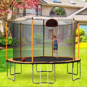 Outdoor Trampoline for Kids, 2021 Upgraded 12-Foot Jumping Exercise Fitness Round Trampoline with Enclosure Net, Basketball Hoop and Ladder, Heavy Duty Trampoline for Boys and Girls, Orange, SS1089