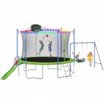 Jump Into Fun 12/14FT Trampoline with Swing and Slide, 1000LBS Capacity 6-8 Kids Trampoline for Adults/Kids, Outdoor Trampoline with Enclosure, Basketball Hoop and LED Light, Recreational Trampoline