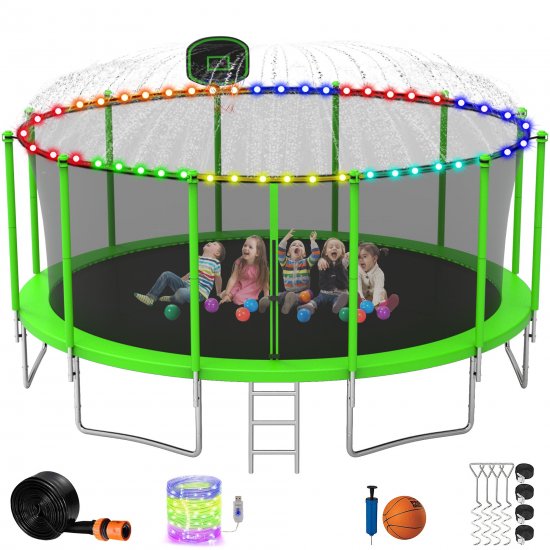 DreamBuck Trampoline 16FT Trampoline for Adults Kids, 1500LBS No Gap Design ASTM Approved, Backyard Trampoline with Basketball Hoop, Enclosure, Sprinkler, Light, 4 Stake Anchors, Green