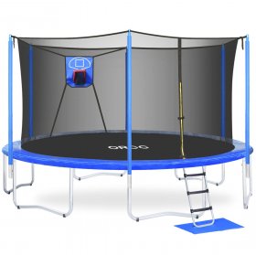 ORCC Kids Trampoline 15FT 14FT 12FT 10FT Basketball Trampoline Maximum Weight Capacity 450LBS with Safety Enclosure Net, Ladder, Rain Cover, Basketball Hoop and Ball