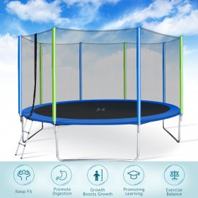12 FT Outdoor Trampoline for Backyard, Outdoor Trampoline with Safety Enclosure Net, Steel Tube, Circular Trampolines for Adults/Kids, Family Jumping and Ladder, Kids Round Trampoline, Q17169