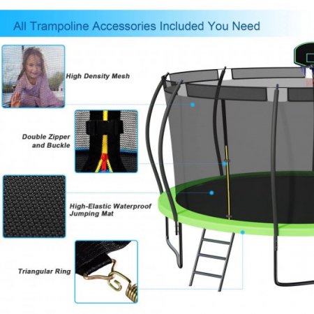 DreamBuck 14FT Pumpkin Shape Trampoline Sprinkler, Light Included 1200LBS Trampoline with Enclosure, Basketball Hoop, ASTM Approval, Outdoor Trampoline for Kids Adults Family Happy Time, Green